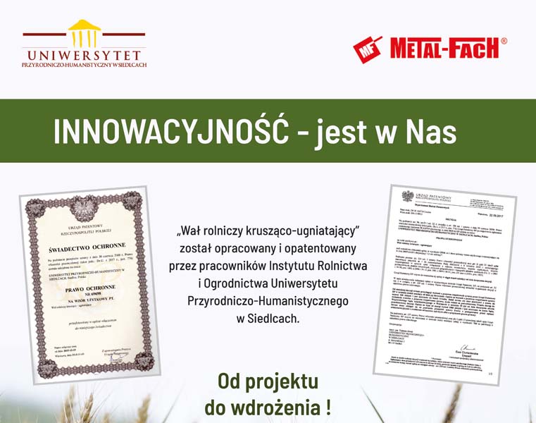 zdjęcie przedstawia plakat promujący wynalazek „Wał rolniczy krusząco-ugniatający” zatwierdzony przez Urząd Patentowy RP, twórcami wynalazku są pracownicy Instytutu Rolnictwa i Ogrodnictwa