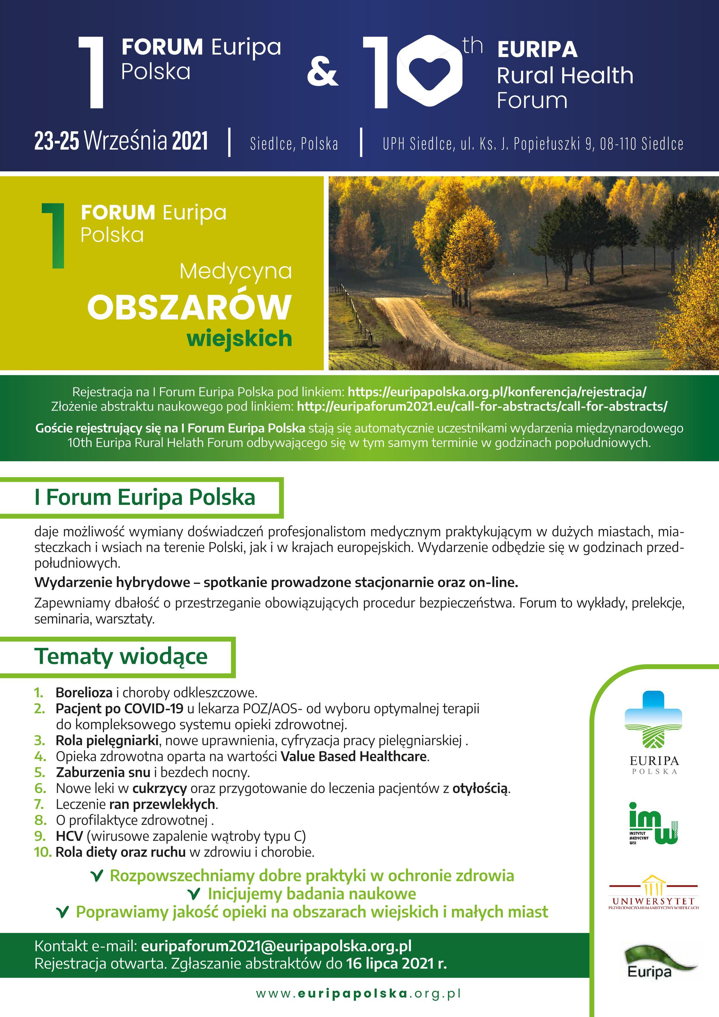 plakat promujący I Forum Euripa Polska pn.:„Medycyna obszarów wiejskich” & 10ht Euripa Rural Health Forum