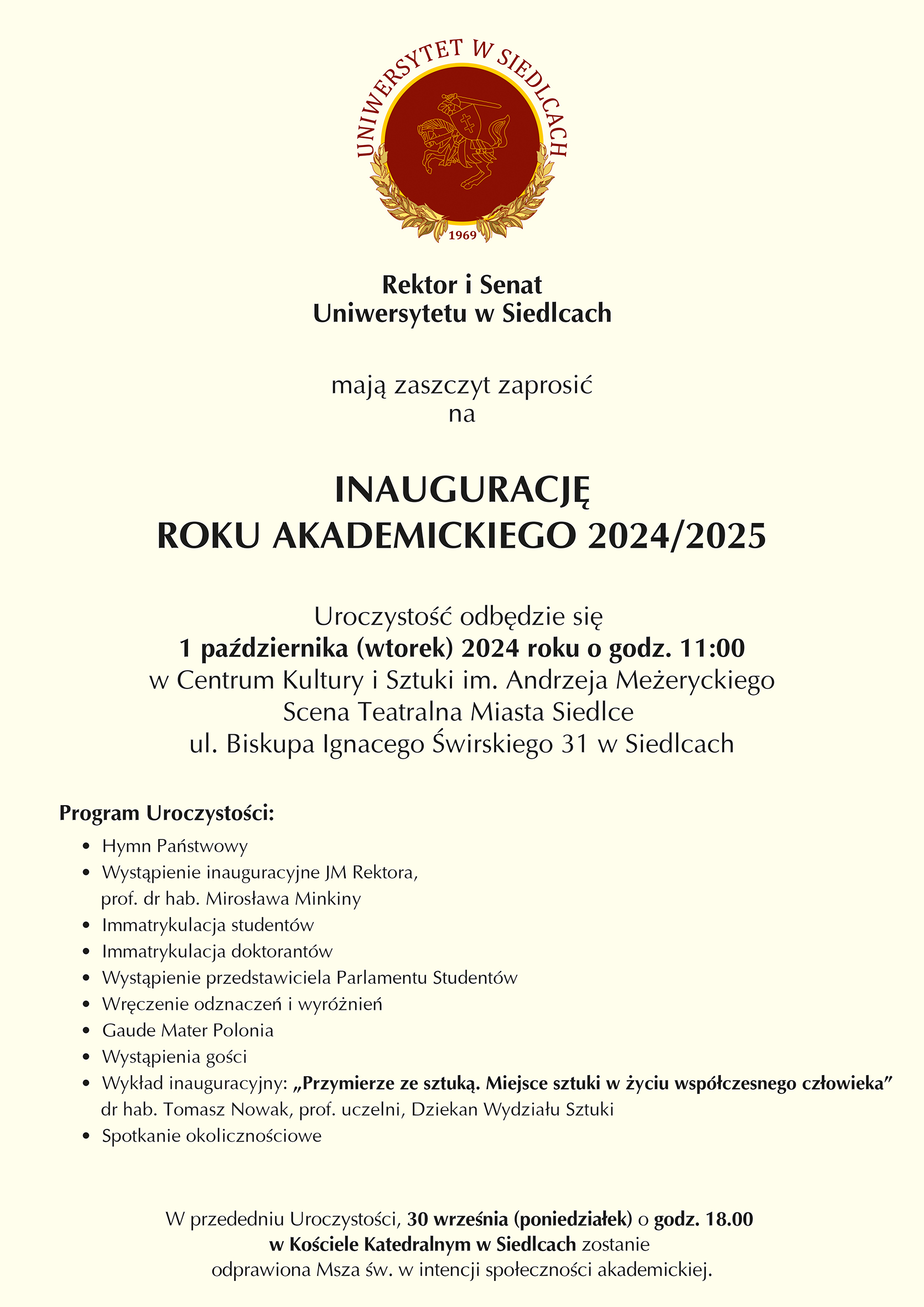 UNIWERSYTET W SIEDLCACH Inauguracja Roku 2024 2025 plakat